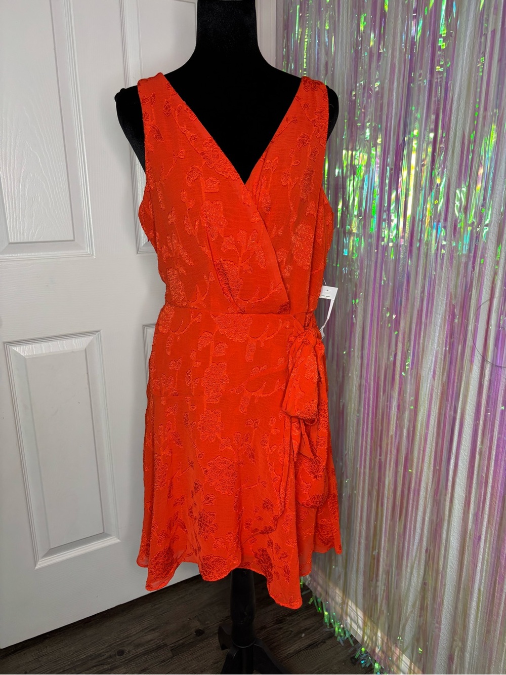 Bright Red Floral Sleeveless Wrap Mini Dress W/ Self-Tie Waist Sheer Back Detail
